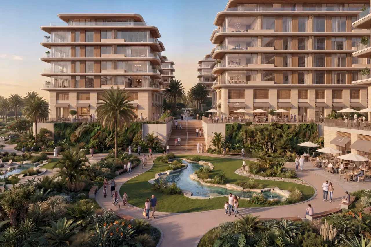 Apartments beside a landscaped plaza and waterway at dusk, Abu Dhabi Mira Hills