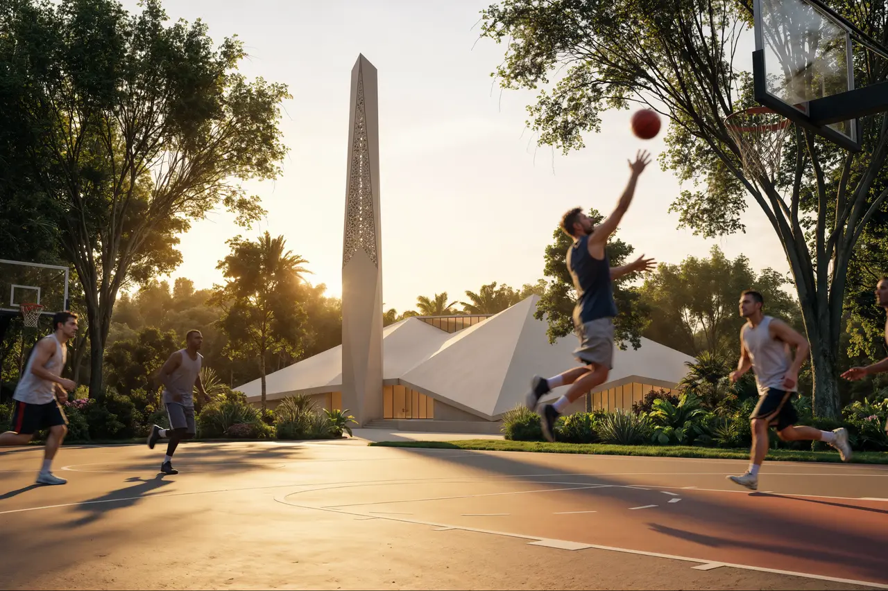 Players on a basketball court beside a monument at sunset, Abu Dhabi Mira Hills