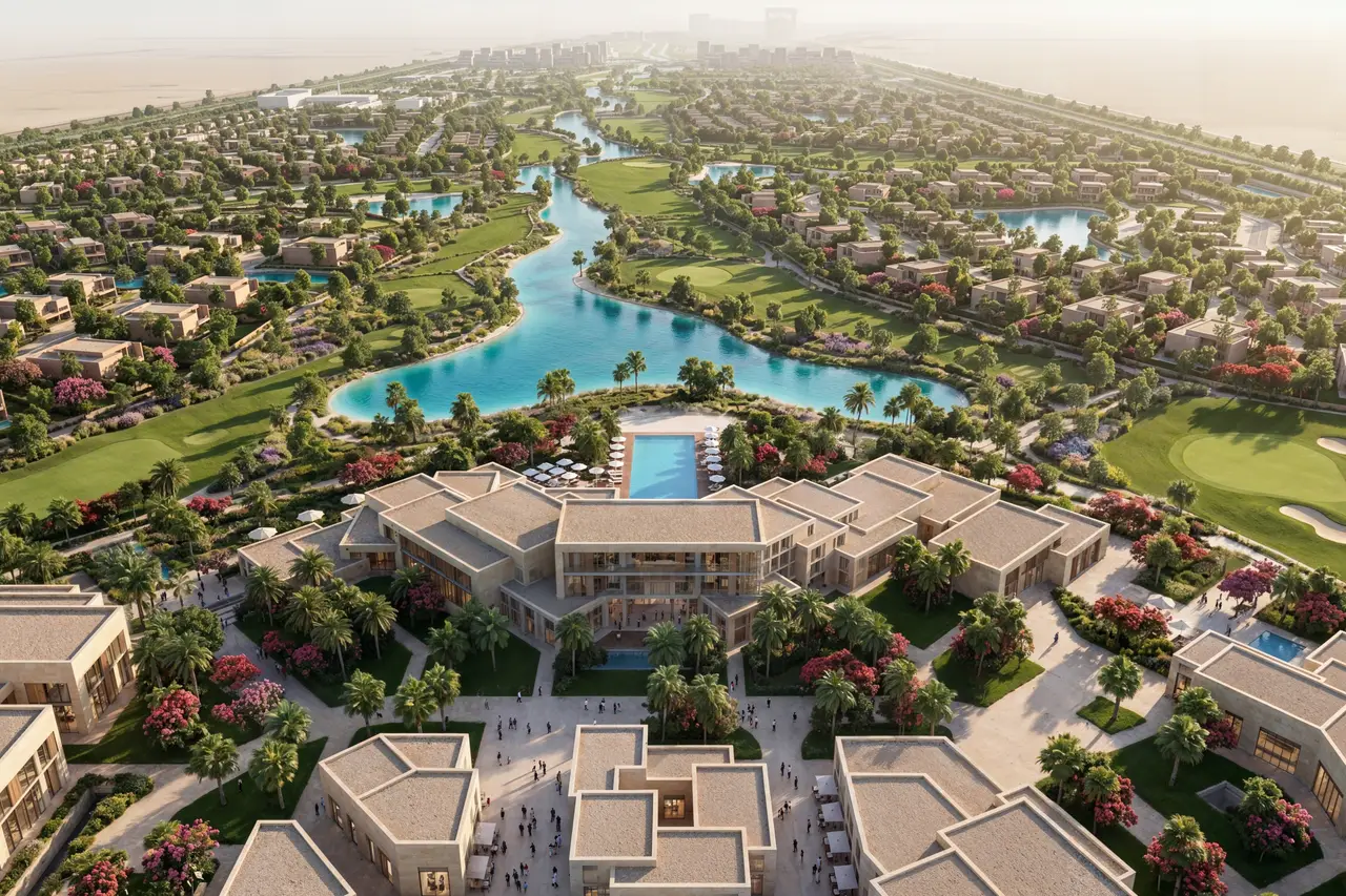 Aerial of the clubhouse and pool beside the lagoon at Abu Dhabi Mira Hills