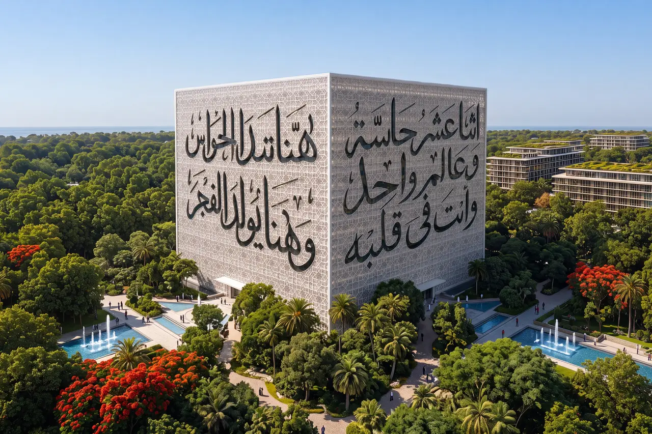 Aerial of the Real Estate Business Centre, a cube clad in Arabic calligraphy set in parkland, Abu Dhabi Mira Hills