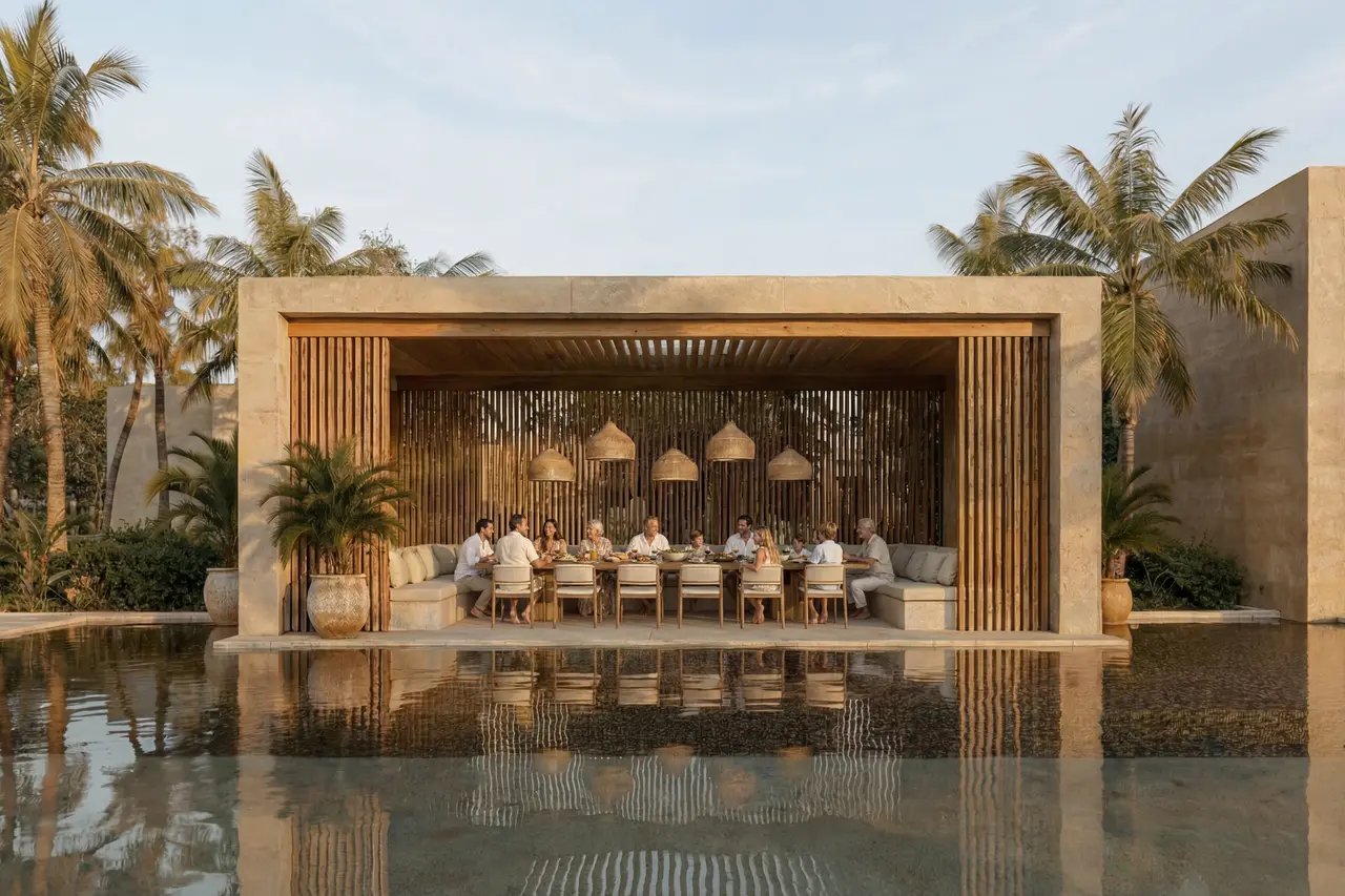 Open-air dining pavilion beside a reflecting pool framed by palms at Abu Dhabi Mira Hills