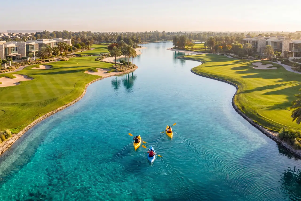 Kayakers on a turquoise lagoon between golf greens at Abu Dhabi Mira Hills