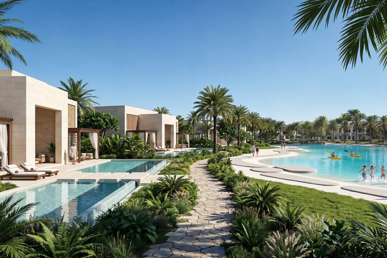 Villas beside a lagoon beach framed by palms at Abu Dhabi Mira Hills