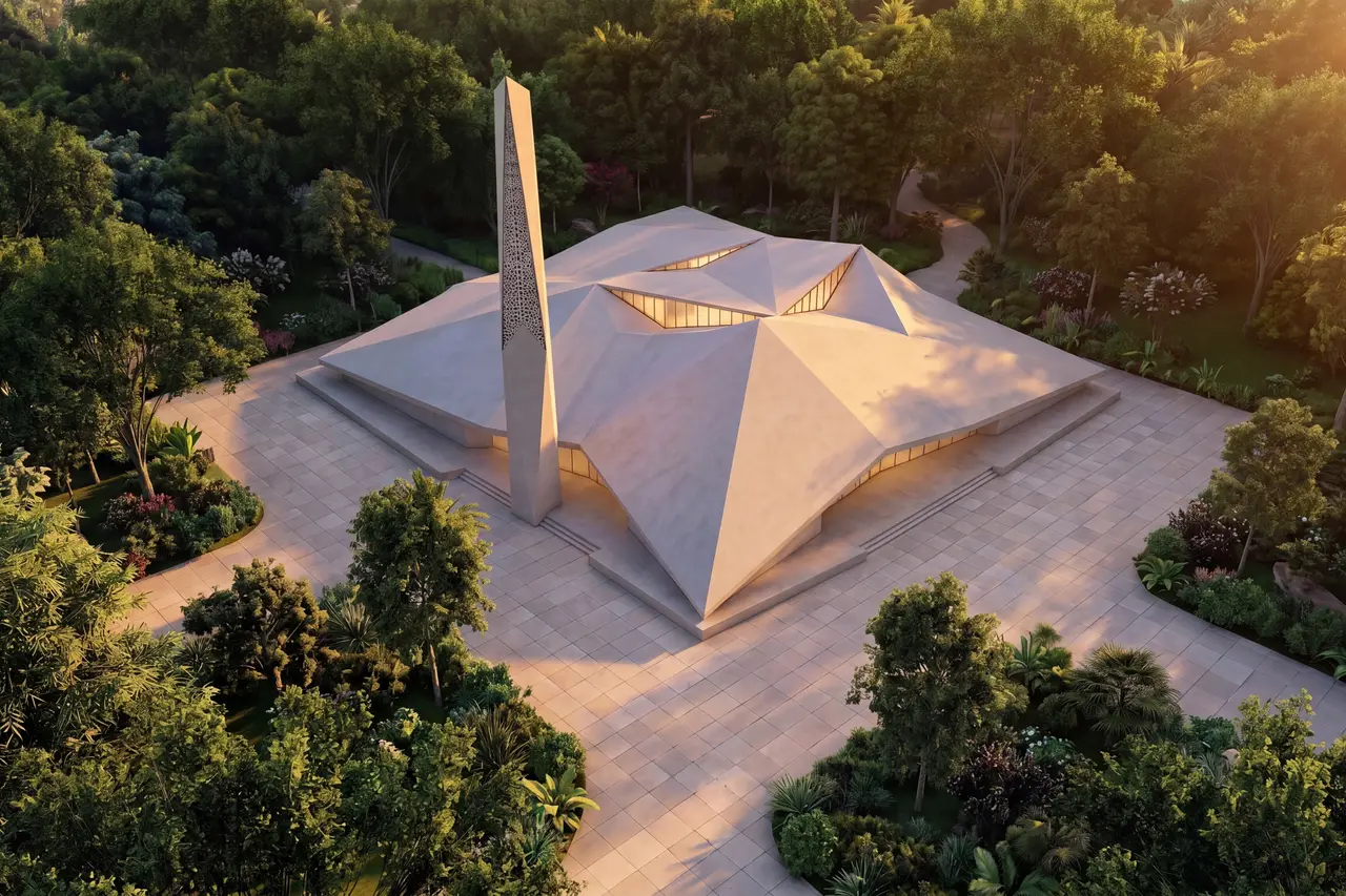 Aerial of the faceted mosque and minaret at sunset, Abu Dhabi Mira Hills
