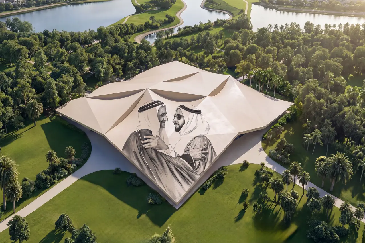 Aerial of the Museum of the UAE with its faceted roof set in parkland, Abu Dhabi Mira Hills