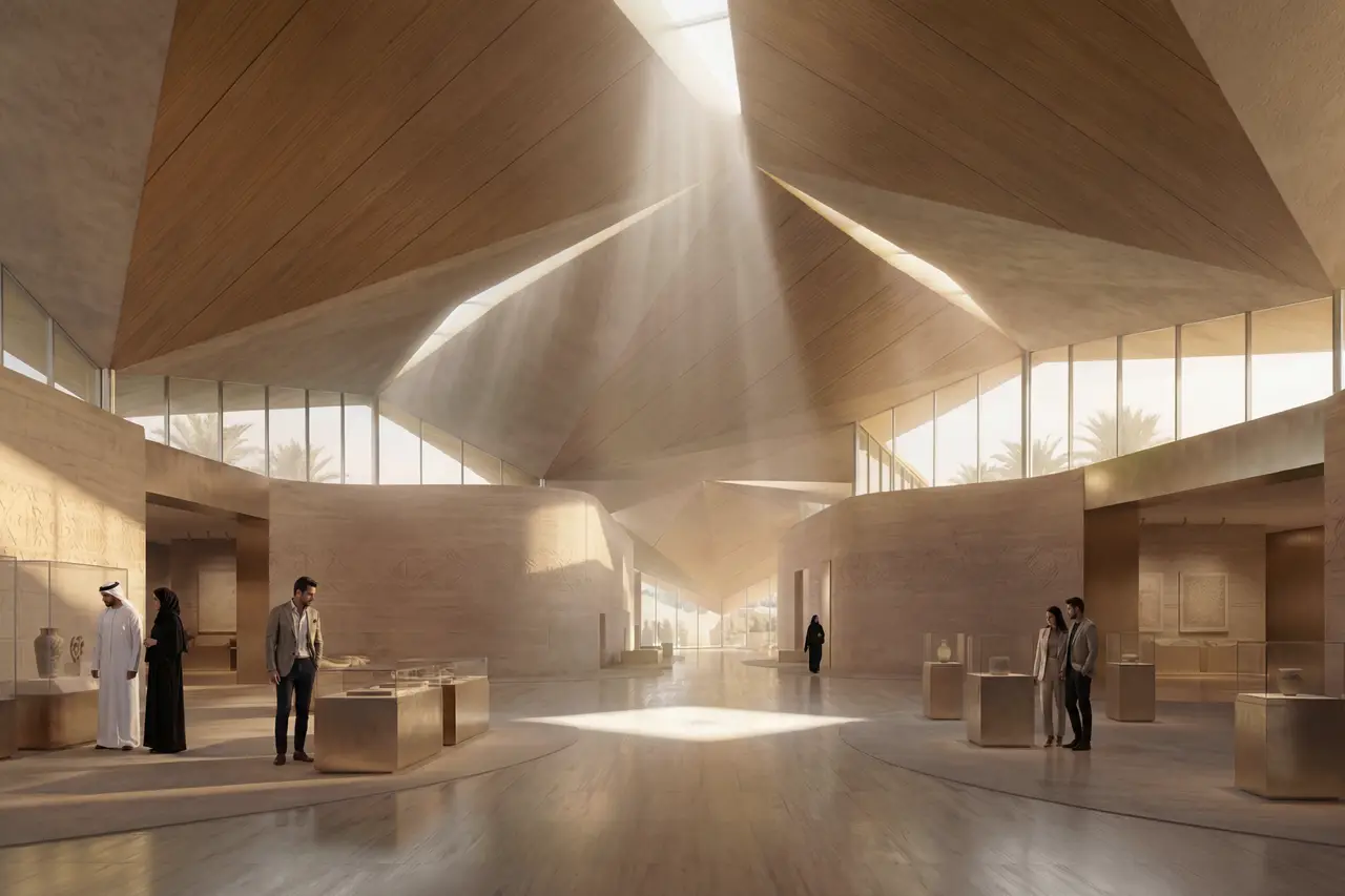 Light-filled museum gallery with rays streaming through a faceted roof at Abu Dhabi Mira Hills