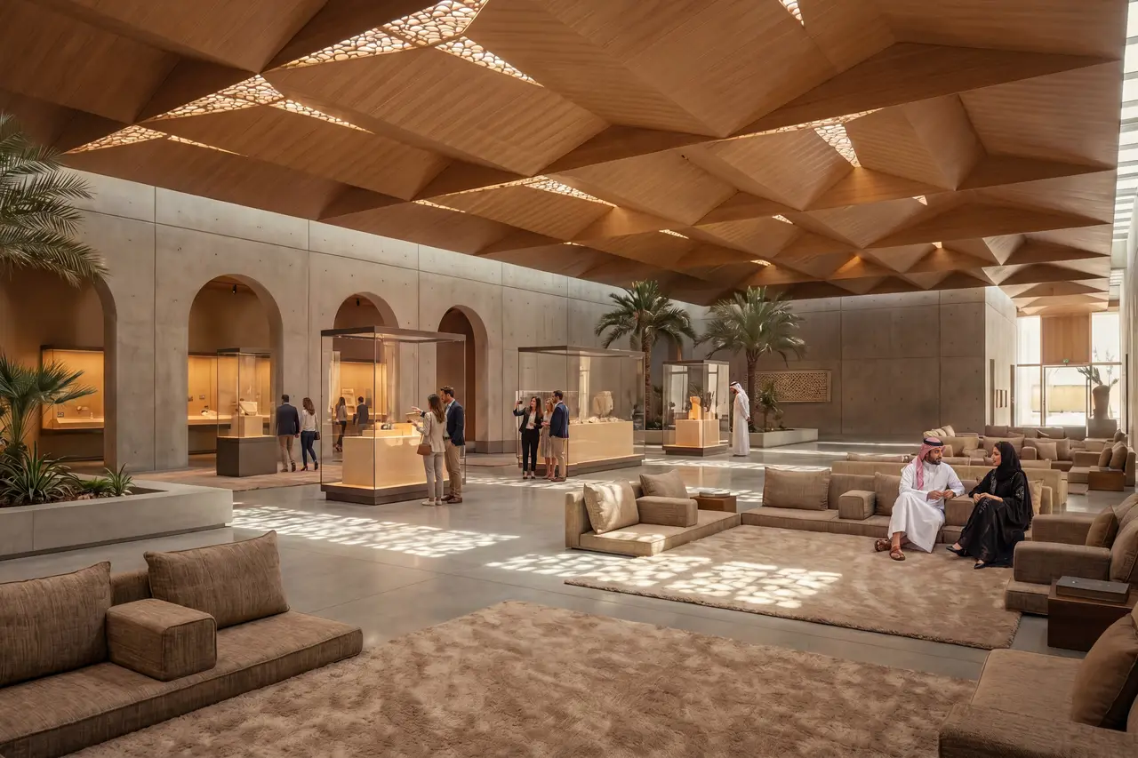 Guests in the museum lounge beneath a timber-vaulted roof at Abu Dhabi Mira Hills