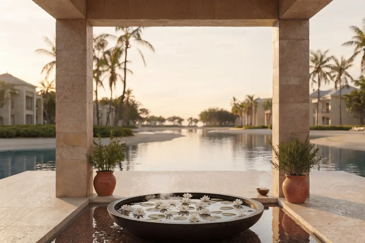 Poolside resort pavilion at sunset at Abu Dhabi Mira Hills