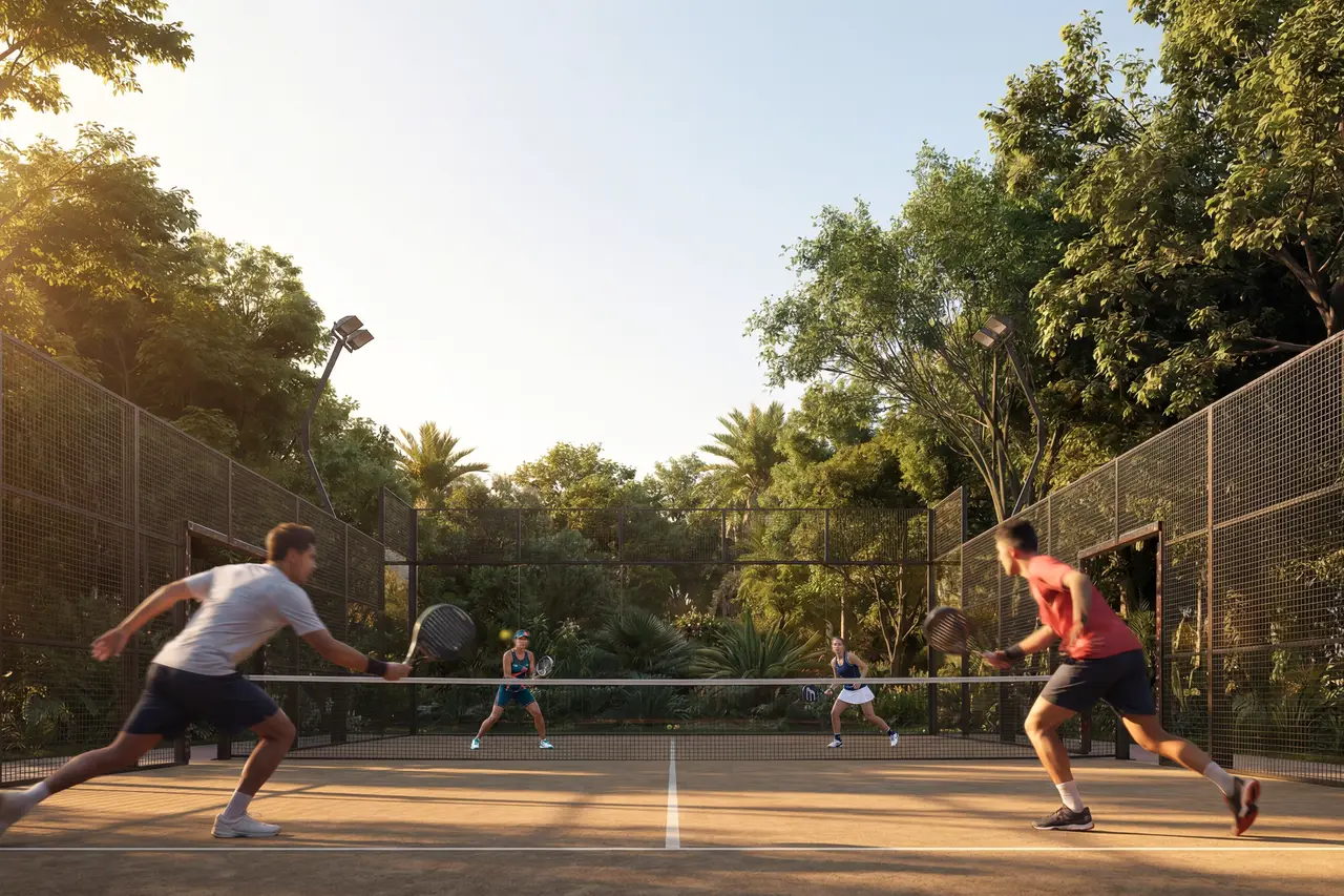 Players on an outdoor tennis court at sunset at Abu Dhabi Mira Hills