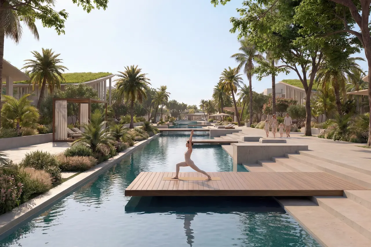 Resident doing yoga on a deck beside a linear wellness pool at Abu Dhabi Mira Hills