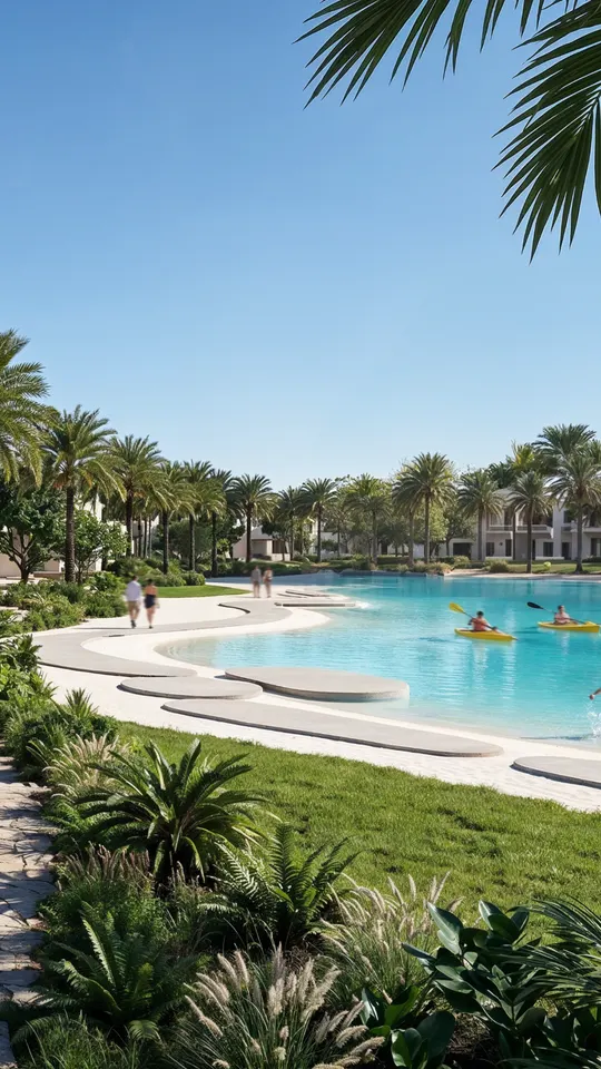 Kayakers on the turquoise lagoon beach framed by palms, Abu Dhabi Mira Hills