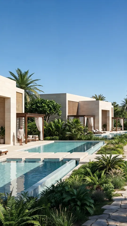 Villa pool framed by cabanas and palms under a clear sky, Abu Dhabi Mira Hills