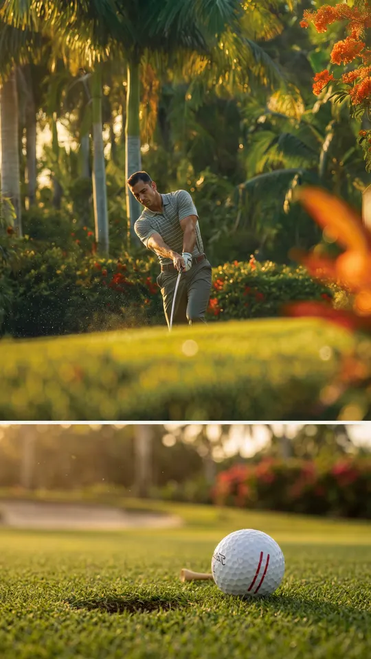Golfer driving from the fairway and a ball resting beside the hole, Abu Dhabi Mira Hills