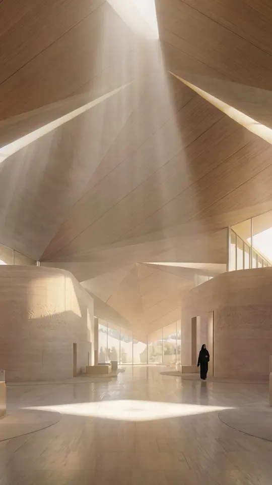 Light rays streaming through the faceted museum roof, Abu Dhabi Mira Hills