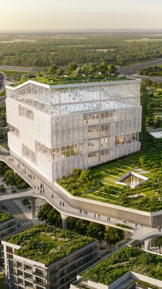 Aerial of the filigree-clad museum above the parkland at sunset, Abu Dhabi Mira Hills
