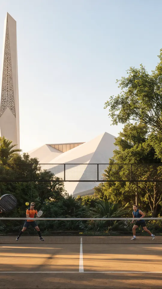 Players on the tennis court below the mosque minaret, Abu Dhabi Mira Hills