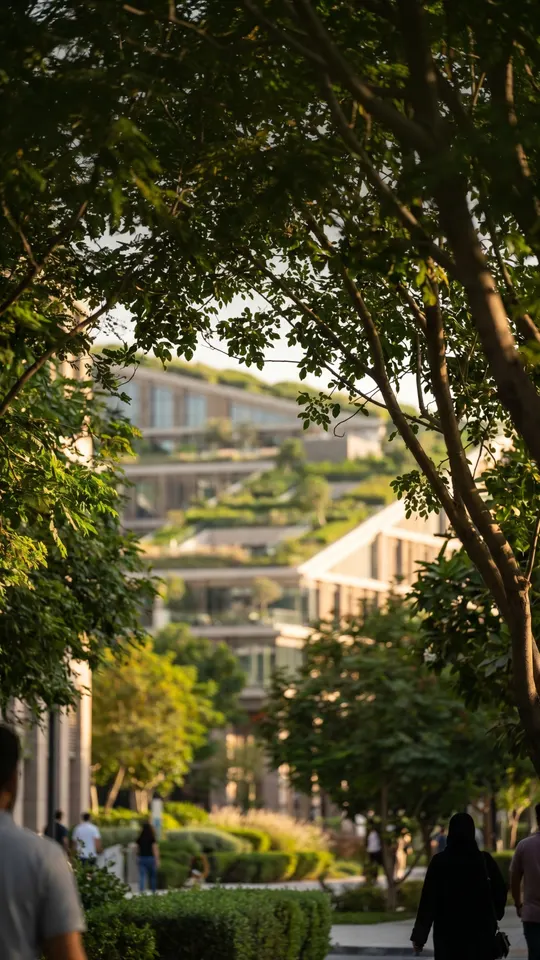 Tree-shaded walkway looking towards the terraced residences, Abu Dhabi Mira Hills