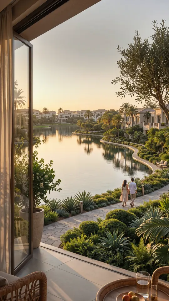 Lagoon at sunset seen from a shaded residence terrace, Abu Dhabi Mira Hills