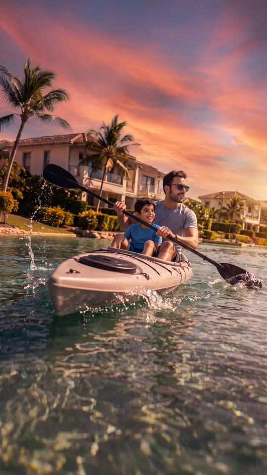 Father and son kayaking on the lagoon at sunset, Abu Dhabi Mira Hills