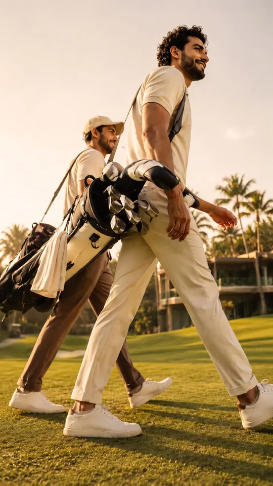 Two golfers walking the course with their bags at sunset, Abu Dhabi Mira Hills