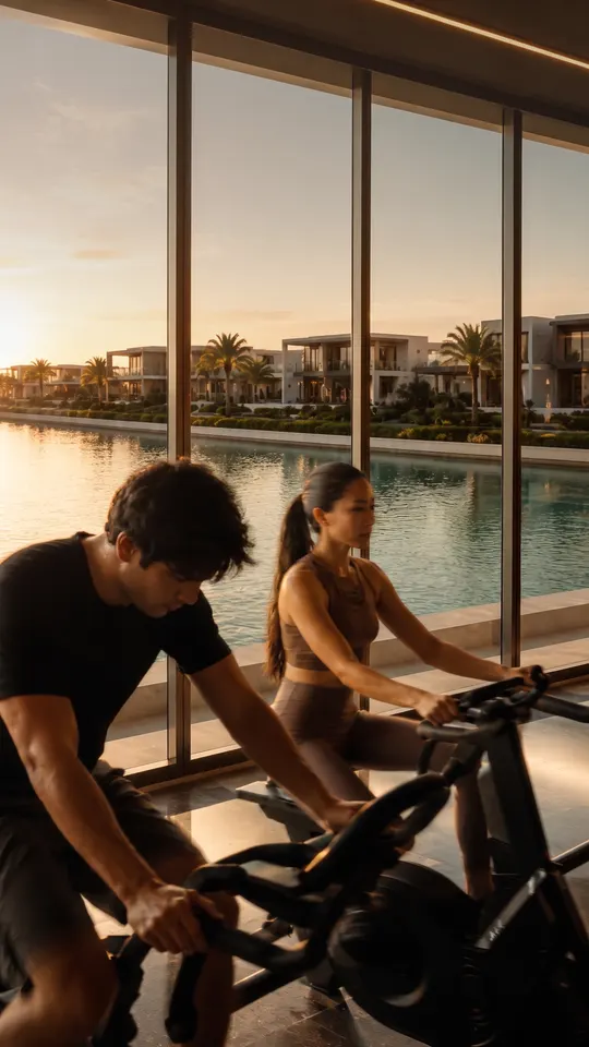 Couple on spin bikes facing the lagoon at sunset, Abu Dhabi Mira Hills