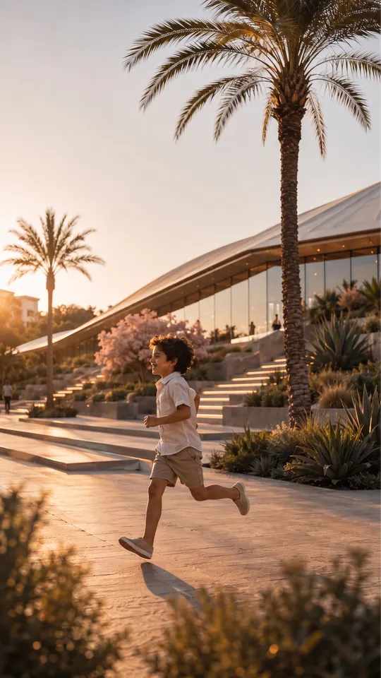 Boy running along a palm-lined plaza beside the pavilion at sunset, Abu Dhabi Mira Hills