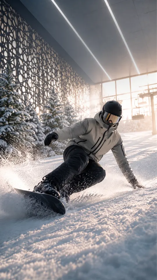 Snowboarder carving down the indoor ski slope, Abu Dhabi Mira Hills